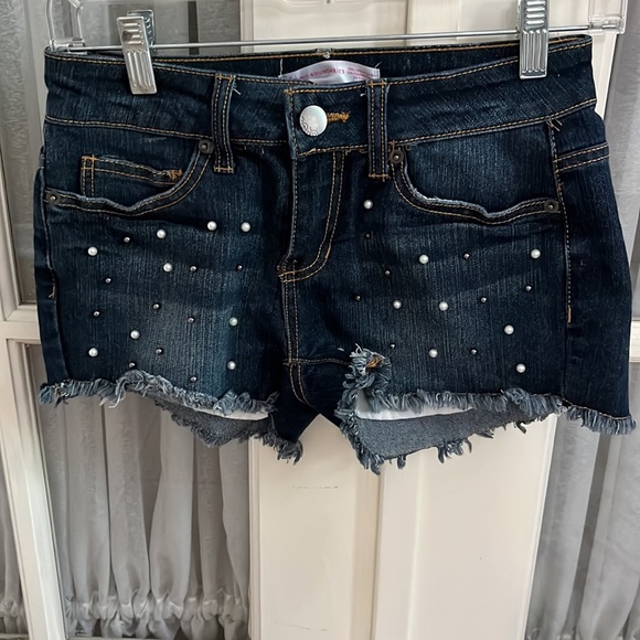 No Boundaries dark blue wash studded & pearls distressed jean shorts juniors - Picture 5 of 17